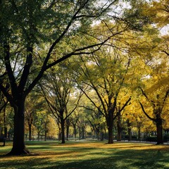 Naklejka premium a park in the fall with trees shedding their leaves but still a vibrant mix of green and yellow hues remaining