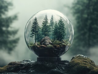 A miniature forest with pine trees encapsulated inside a clear glass orb resting on mossy rocks in a misty environment.