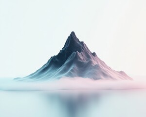 A digital mountain with wireframe texture rises above a misty, reflective surface, blending natural and futuristic aesthetics in soft light.
