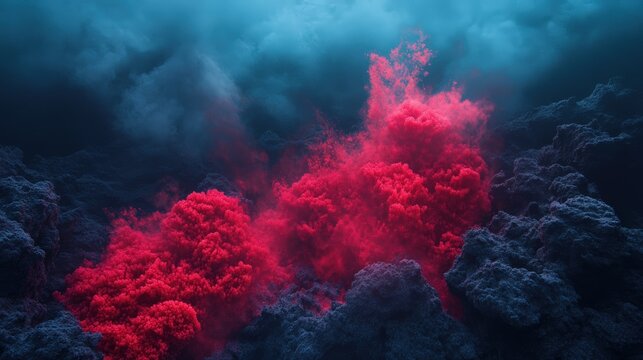 Red volcanic lava erupts forcefully from dark rocky terrain under a cloudy, blue sky.