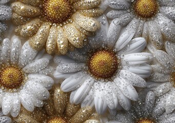 Flower closeup, seamless pattern of surreal sparkling white and gold daisy-like jewels, elegant floral tile background with abstract gem texture for luxury decor