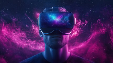 A man wearing a VR headset immersed in a cosmic, purple-pink nebula environment, symbolizing futuristic virtual reality and space exploration.