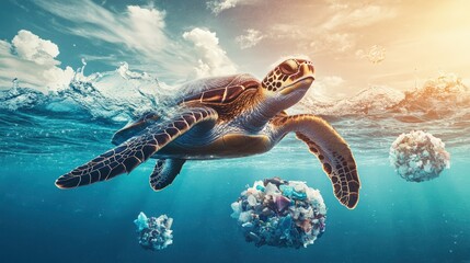 A sea turtle swims underwater surrounded by floating clusters of plastic waste, highlighting ocean pollution under a bright sky.