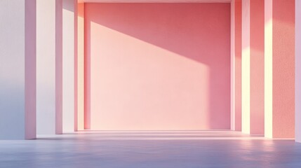 Minimalist empty room with soft pink walls, light gray floor, and strong sunlight creating geometric shadows.