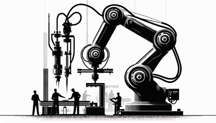 A black and white illustration of industrial workers who use a controlled robotic arm to produce parts. Vector graphics. EPS.