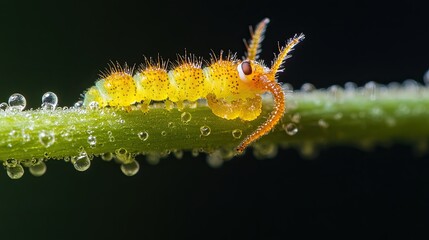 Naklejka premium Yellow caterpillar on dewcovered stem.