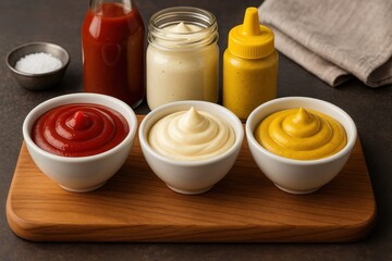 Condiment collection with ketchup mayonnaise and mustard for food service industry