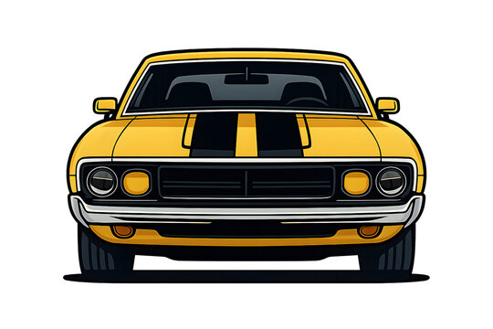 Gelber Muscle Car mit schwarzen Streifen in Frontansicht