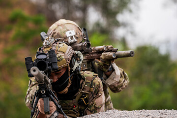 Special Forces Soldiers Armed and Ready During Tactical Training – Focused Military Men in...