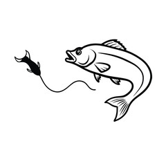 Action packed illustration of a bass aggressively chasing baitfish in a dynamic underwater scene