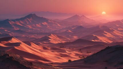 Fototapeta premium Majestic desert landscape with rolling sand dunes and a captivating sunset glow