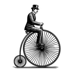 Gentleman riding penny farthing bicycle sketch engraving black and white outline. Scratch board imitation.  illustrated in vintage line art style on a white background.