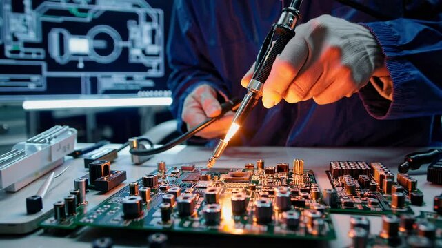 High-angle shot of an engineer soldering a circuit board in a tech lab, surrounded by screens and tools, resembling a tutorial video setup.