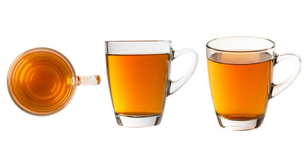 Glass cup of hot tea collection isolated on white background.