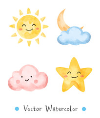 Watercolor cute element of sun, moon, cloud, and star. Vector illustration suited for nursery print design. 