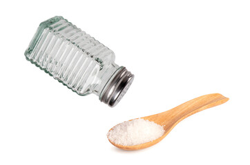 Salts shaker and wooden spoon isolated on white background.