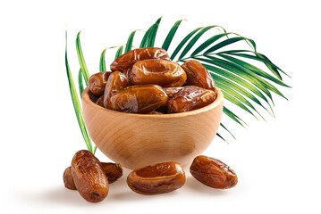 Dried date fruits in wooden bowl isolated on white background.
