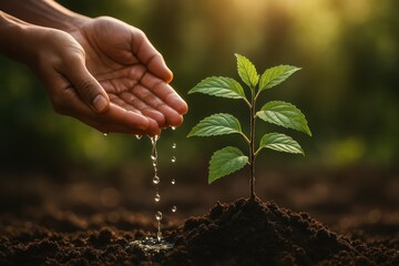 Two hands nurturing young tree with water representing environmental care and growth