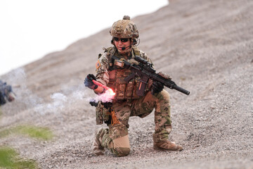Special Forces Soldier Standing in Smoke During Tactical Operation – Full Combat Gear with Rifle and Helmet in Action Scene, Military Training or Battlefield Simulation Environment