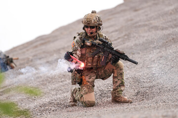 Special Forces Soldier Standing in Smoke During Tactical Operation – Full Combat Gear with Rifle and Helmet in Action Scene, Military Training or Battlefield Simulation Environment
