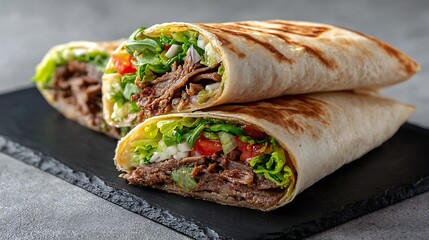 A robust 'Dürüm Kebab' (wrap), cut in half diagonally to display the inner layers of meat, salad, and sauce. 