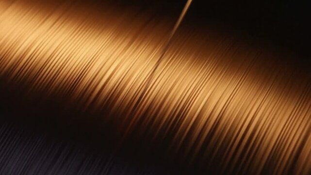 Close-up of a spool of golden copper wire, industrial texture, metallic thread