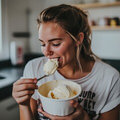 A person eating ice cream straight from the tub in a kitchen