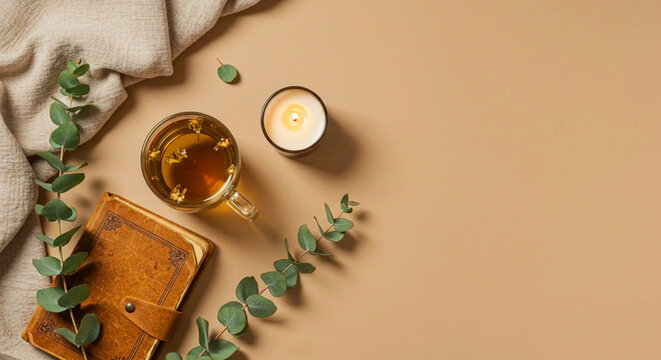Wellness Flat Lay with Tea, Candle, Journal, Linen Fabric Vintage, Boho Style