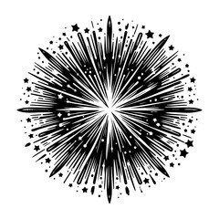 Obraz premium Firework explosion sketch engraving black and white outline. Scratch board imitation.