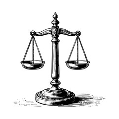 Scales of justice sketch engraving black and white outline. Scratch board imitation.  illustrated in vintage line art style on a white background.