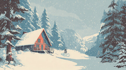 Red Cabin in Snowy Mountain Forest Winter Landscape