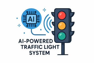 Illustration of ai powered traffic light system with red yellow and green lights and ai chip icon