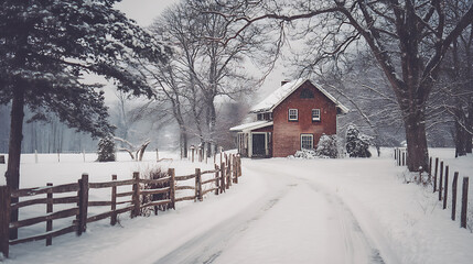 Snowy Farmhouse in Winter Landscape