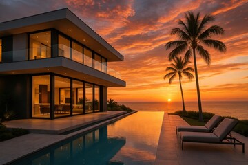 Modern luxury villa with infinity pool overlooking ocean at sunset creating spectacular residential architecture and vacation rental photography