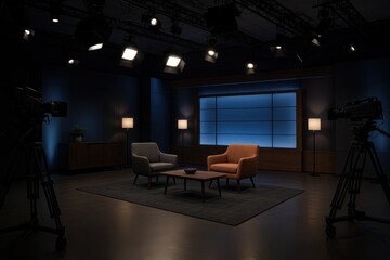 Modern television studio set with professional lighting and contemporary talk show furniture
