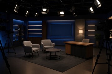 Modern television studio set with professional lighting and contemporary talk show furniture