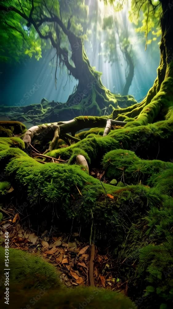Poster ethereal forest scene featuring moss covered trees, foliage and sunlight filtering down through the 