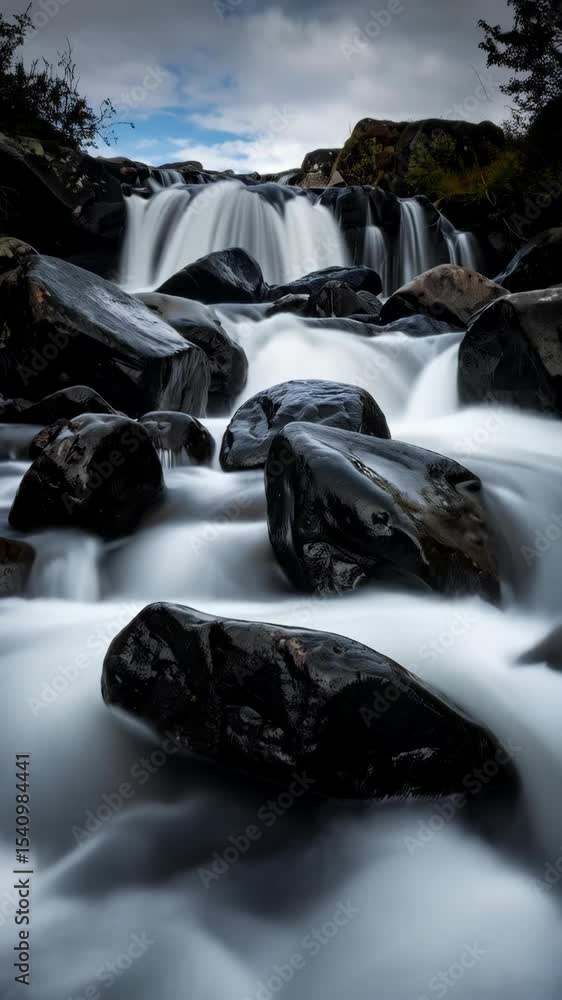 Poster cascading waterfall flows down mossy rocks, creating a smooth water effect with blurred motion in a 