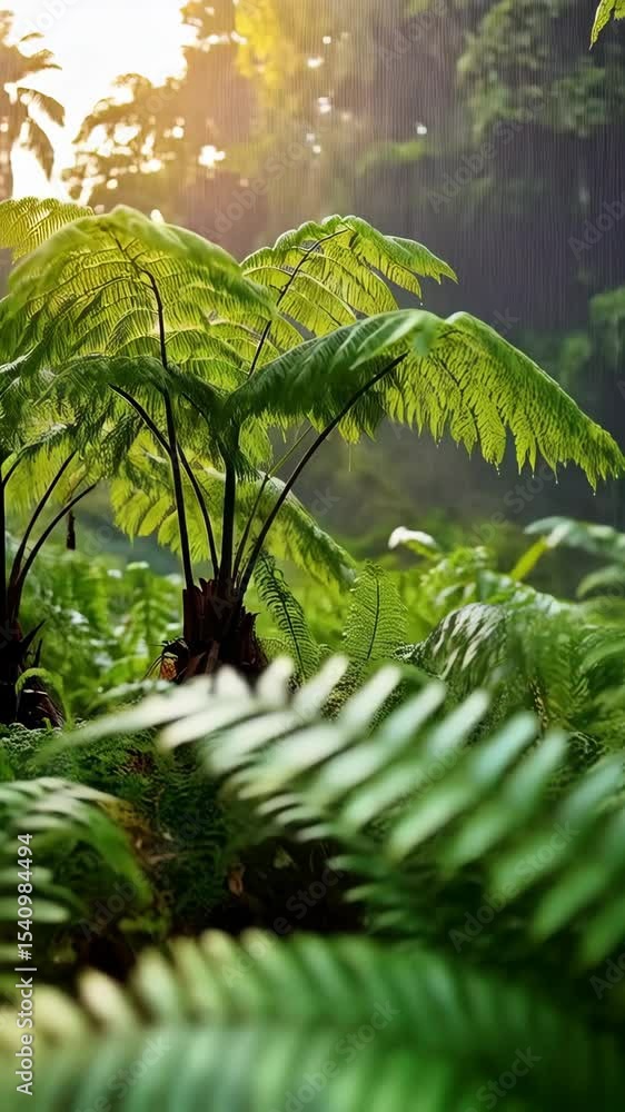Poster lush rainforest scene featuring vibrant green tree ferns illuminated by dappled sunlight and a soft 
