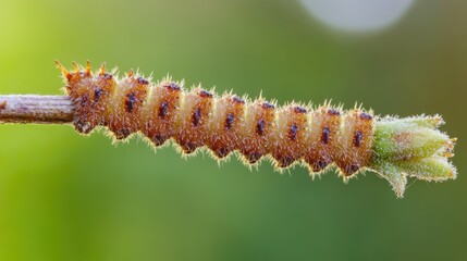 Naklejka premium Fuzzy caterpillar on twig with green background.