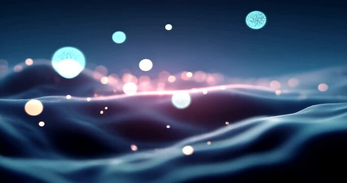 Abstract glowing particles over a dark wave background