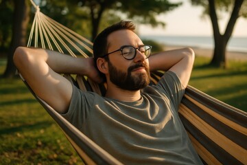 Man Glasses Beard Relaxing Hammock Outdoor Leisure