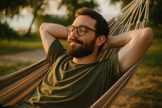 Man Glasses Beard Relaxing Hammock Outdoor Leisure