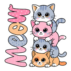 Cute abstract illustration with cartoon cats. Design for children and girls. Fashion girlish print for t-shirt