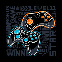 Illustration print for t-shirt with game joysticks. Vector illustration for boys. Grunge gamer design.
