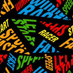 Abstract seamless urban background.  Grunge pattern with sports car words. Slogan and triangle