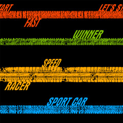 Abstract seamless urban background.  Grunge pattern with tire tracks and words. Sport design.