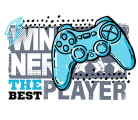 Illustration print for t-shirt with game joysticks. Vector illustration for boys. Grunge gamer design on white background