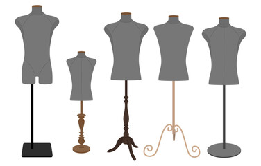 Collection of male tailor dress forms in black color with various vintage and modern stands. Vector illustration of sewing mannequins for fashion design, tailoring, and garment construction.