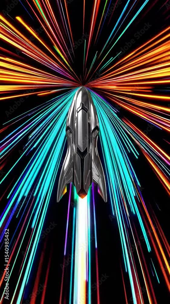 Poster spaceship traveling through multicolored hyperspace tunnel